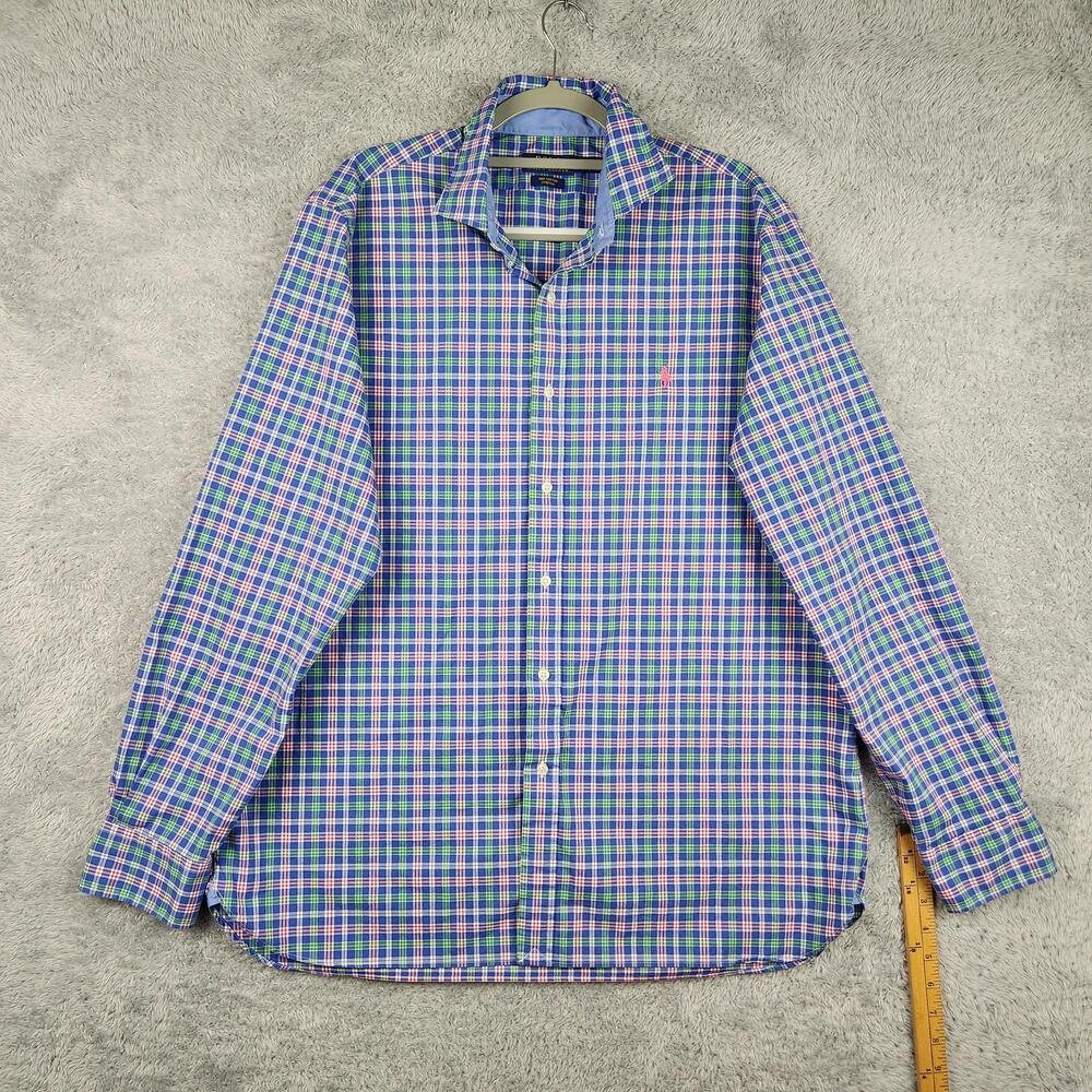 Polo Ralph Lauren Shirt Mens XL Blue Plaid Stretch Button Down Small Pony Preppy